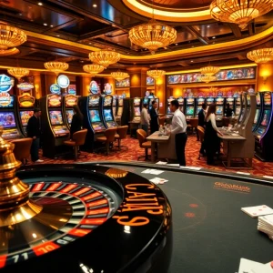 Dynamic gambling action at OK365 com featuring a roulette wheel, chips, and excited players.