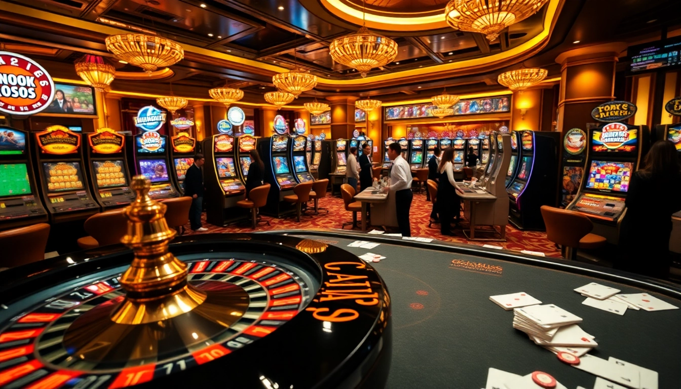Dynamic gambling action at OK365 com featuring a roulette wheel, chips, and excited players.