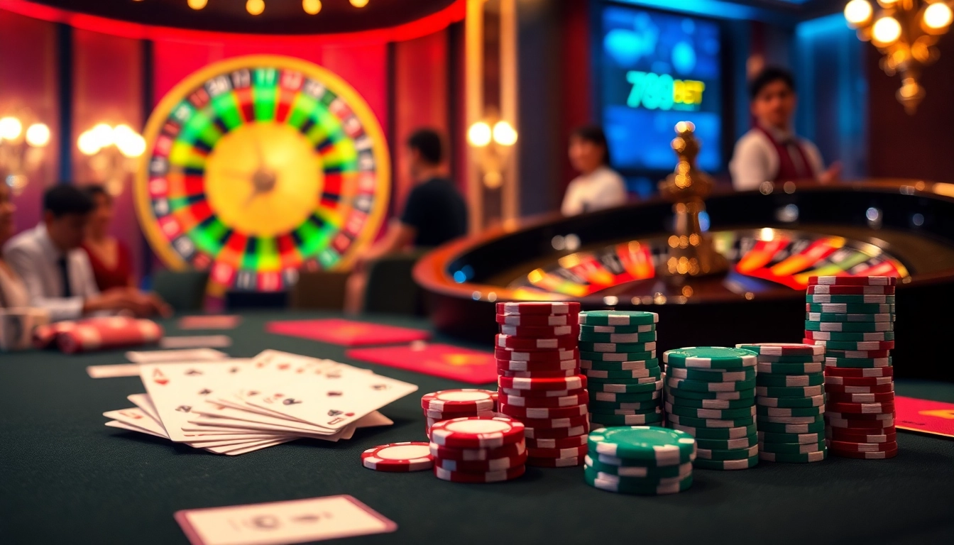 Players enjoying their game experience at 789bet com casino table with poker chips and roulette wheel.