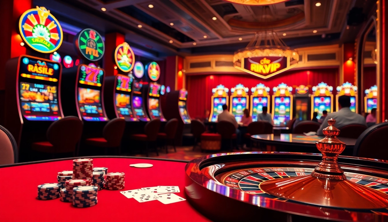 Engage in the luxurious gaming experience of rikvip with poker chips and a roulette wheel.
