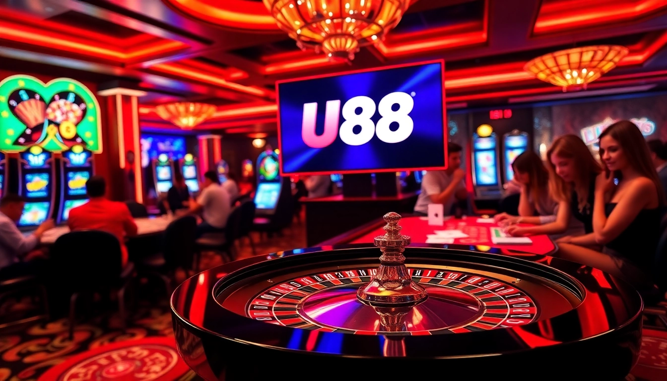 U88 casino scene highlighting players at a luxurious roulette table with poker chips and cards.
