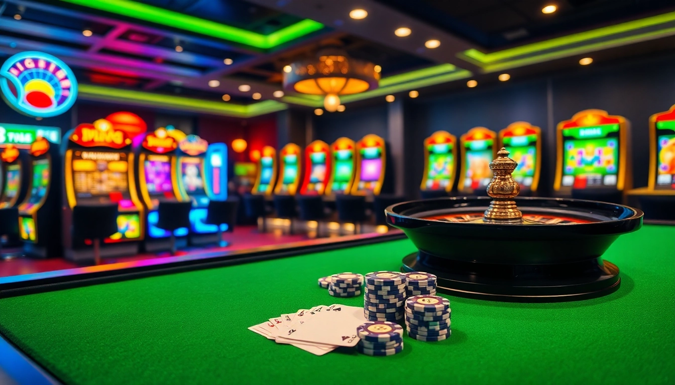 S8 casino gaming table with colorful betting chips and vibrant slot machines.