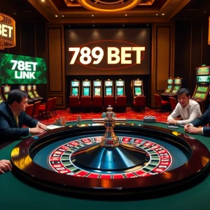 Experience the thrill of the casino with an engaging 789BET LINK scene featuring poker players and roulette.