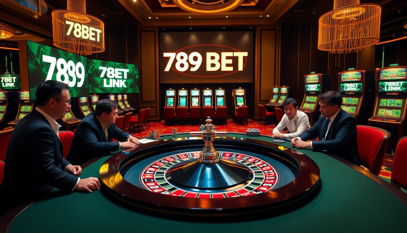 Experience the thrill of the casino with an engaging 789BET LINK scene featuring poker players and roulette.