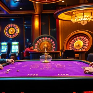 High-stakes gambling at F168 casino with poker chips, roulette wheel, and slot machines, showcasing excitement.