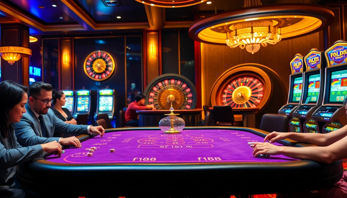 High-stakes gambling at F168 casino with poker chips, roulette wheel, and slot machines, showcasing excitement.