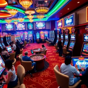 Birutoto players winning at exciting slot machines in a vibrant casino setting.
