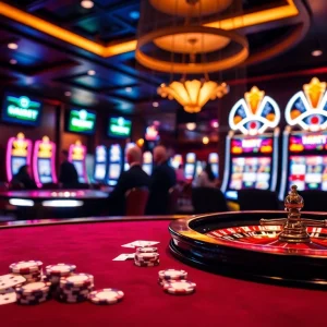 Experience thrilling gambling at USBET with a luxurious casino setup featuring poker, roulette, and slot machines.