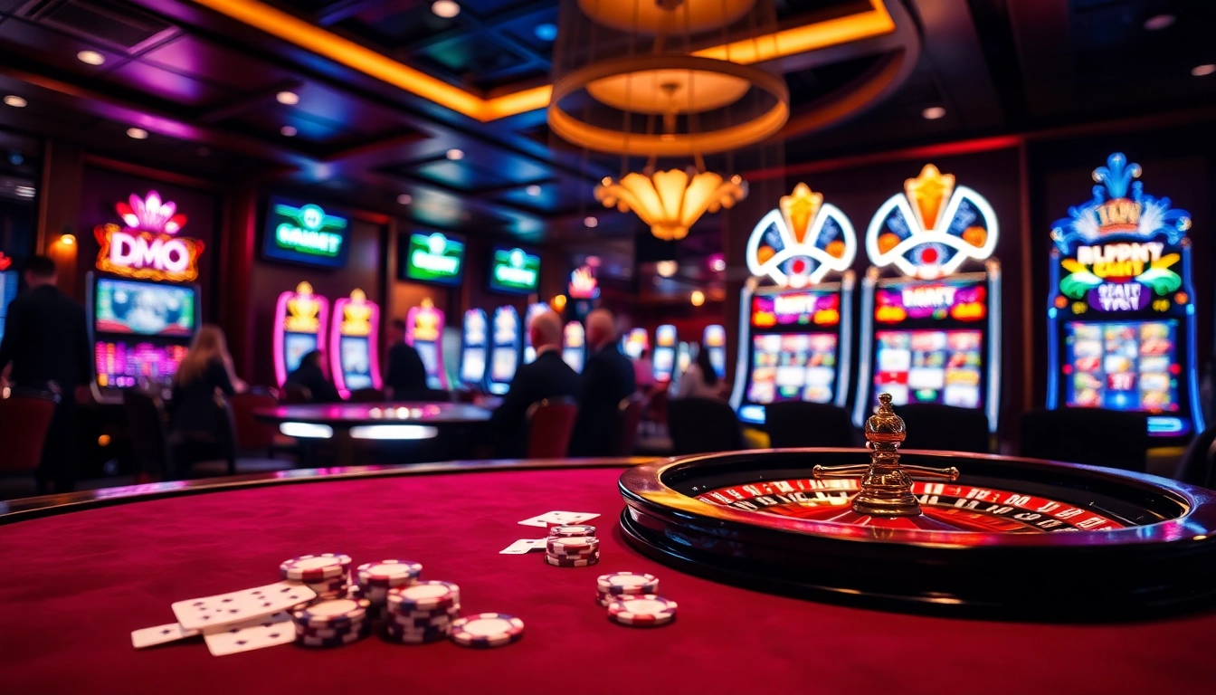 Experience thrilling gambling at USBET with a luxurious casino setup featuring poker, roulette, and slot machines.