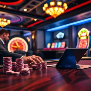 Gamble online with usbet as a professional player places bets at a dynamic casino table.