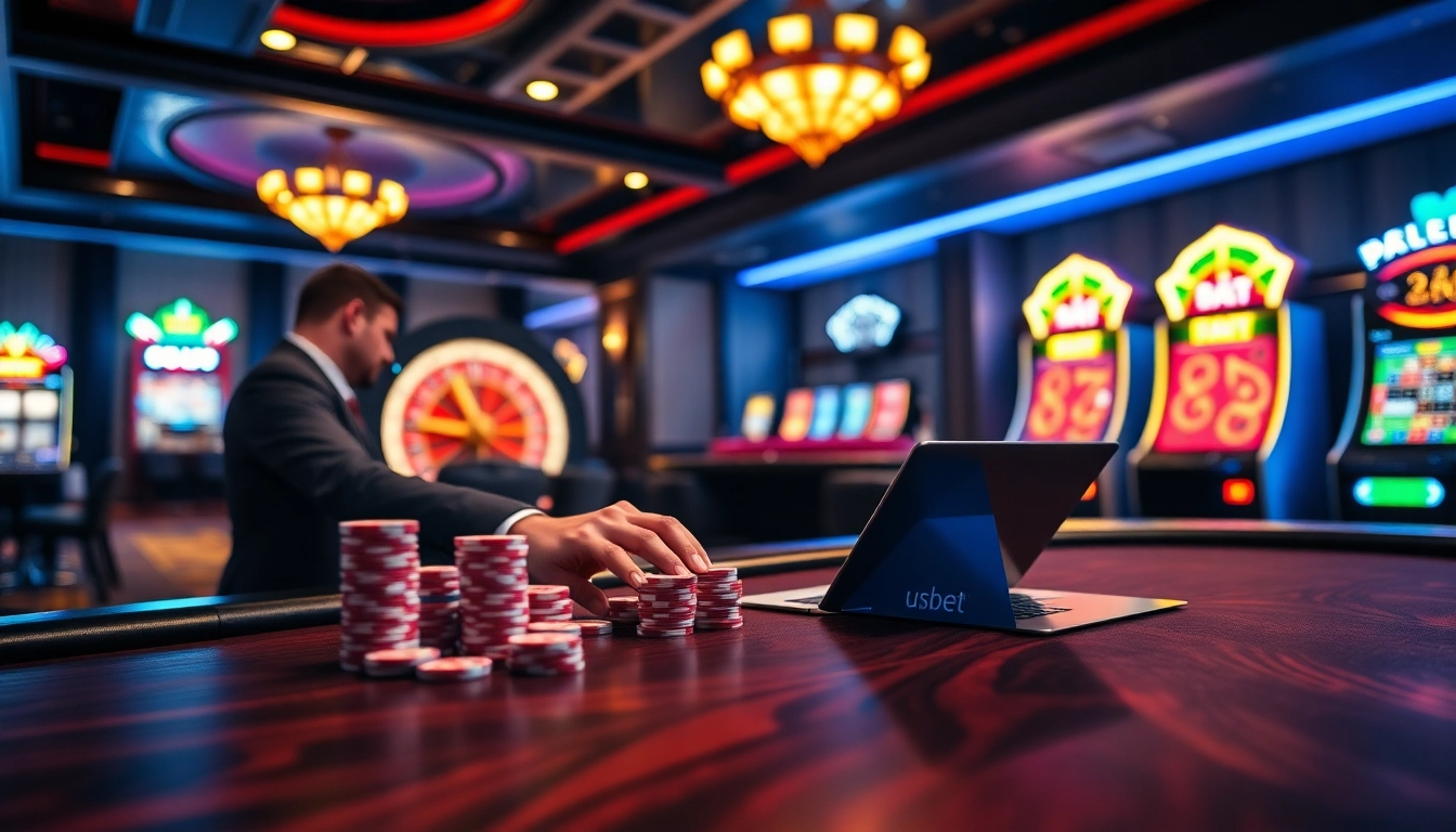 Gamble online with usbet as a professional player places bets at a dynamic casino table.