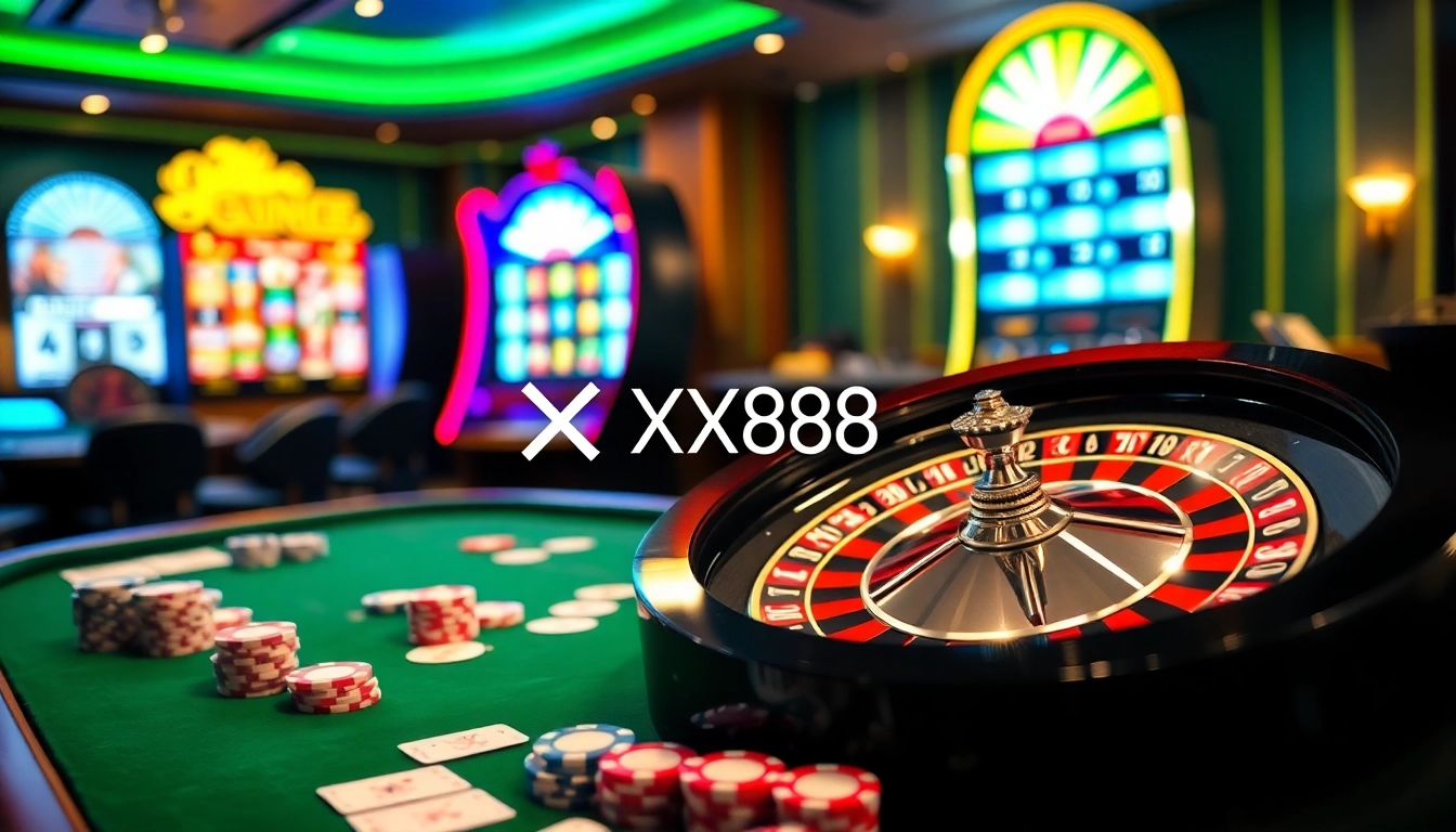Bet big with XX88 at a vibrant casino table filled with cards and chips.