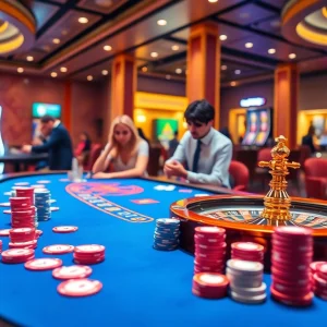 OKFUN casino scene with poker chips, cards, and a roulette wheel showcasing excitement and luxury.