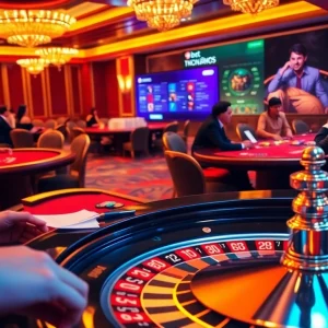 Players enjoy strategic games at 9bet casino tables, showcasing poker chips and excitement.