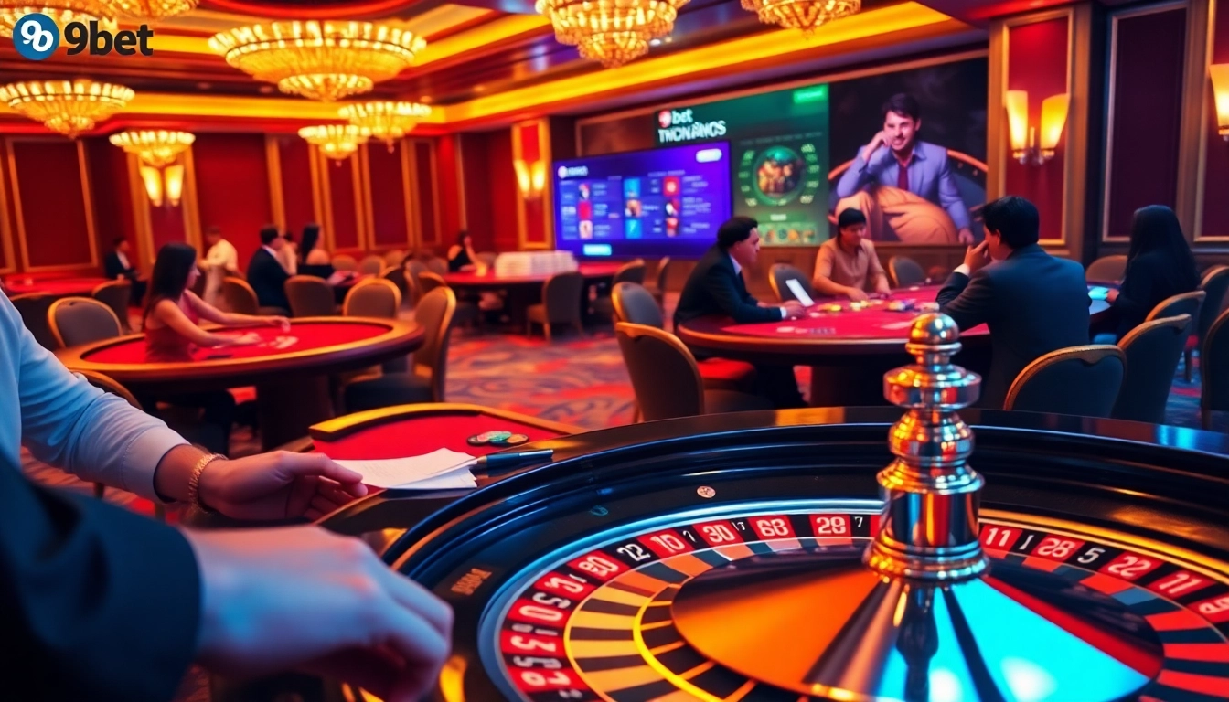 Players enjoy strategic games at 9bet casino tables, showcasing poker chips and excitement.