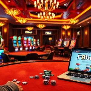F8bet casino scene featuring poker tables, slot machines, and vibrant gaming atmosphere.