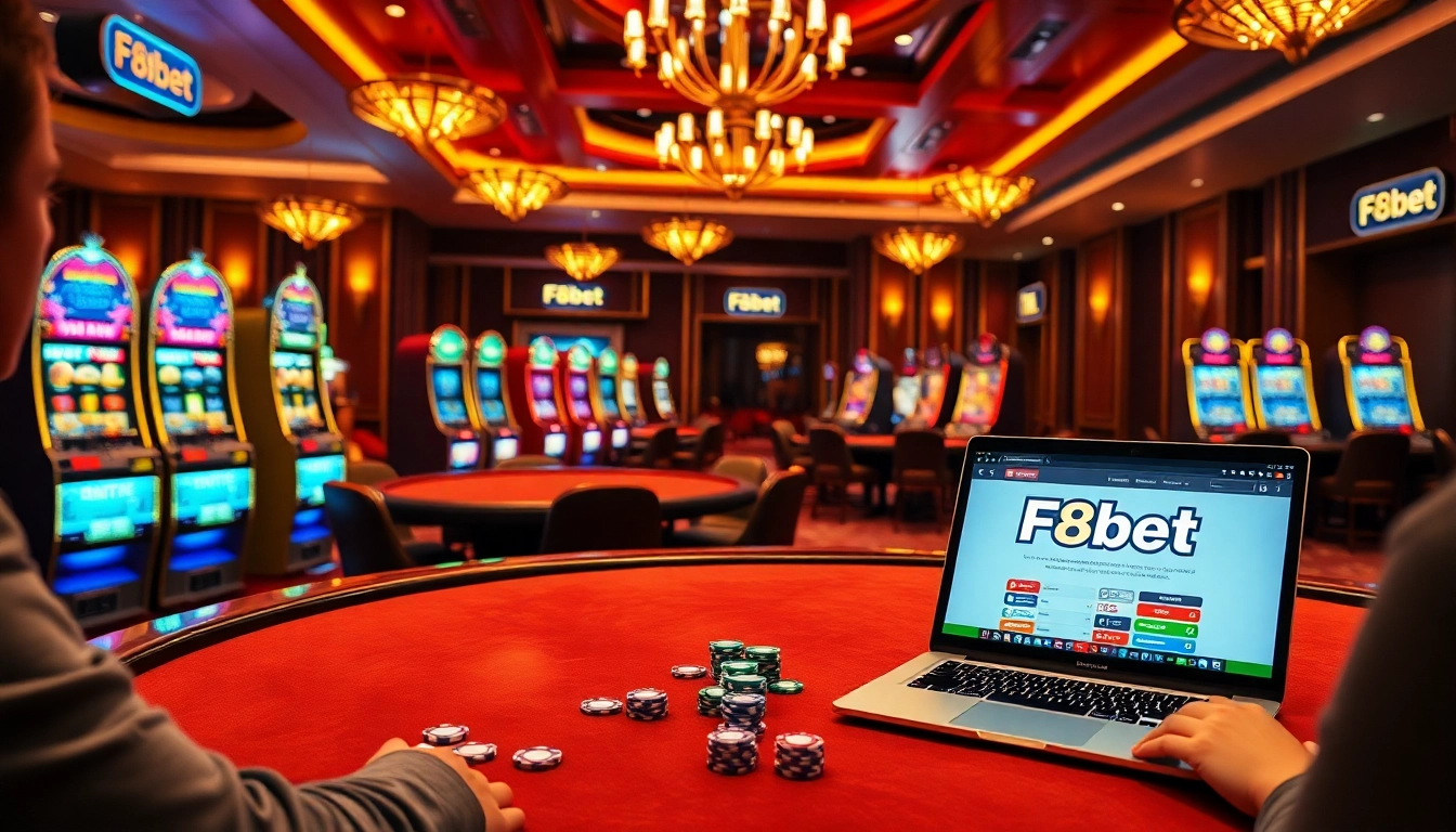 F8bet casino scene featuring poker tables, slot machines, and vibrant gaming atmosphere.