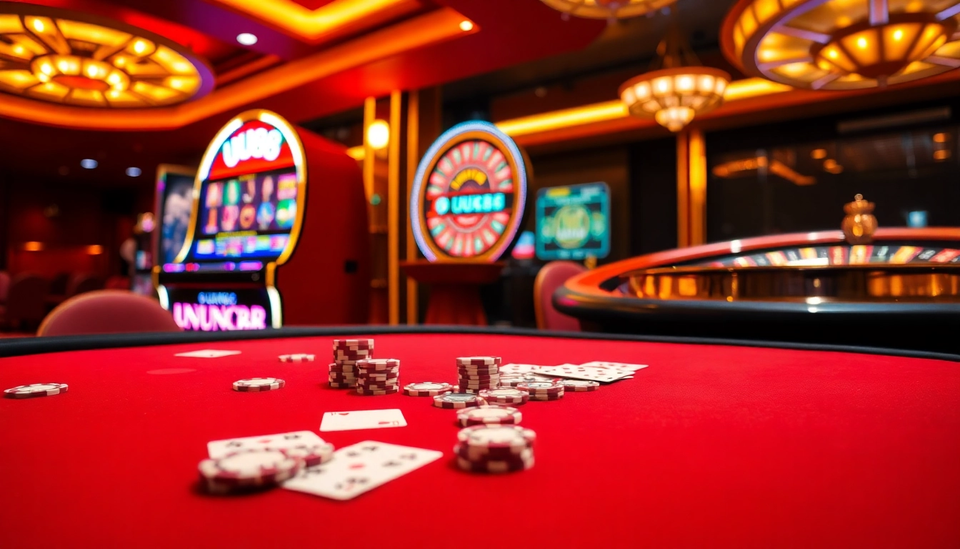 Experience the thrills of UU88 at a vibrant casino table with poker chips and cards.
