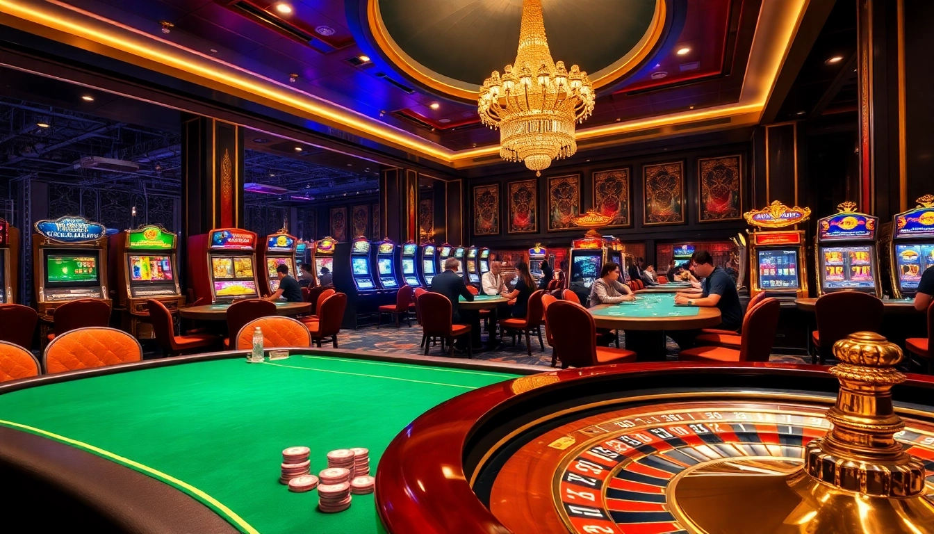 KJC casino gaming scene with poker tables, roulette wheel, and vibrant slot machines.