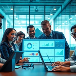 Collaboration using ERP yazılım in a modern office environment with diverse business professionals.