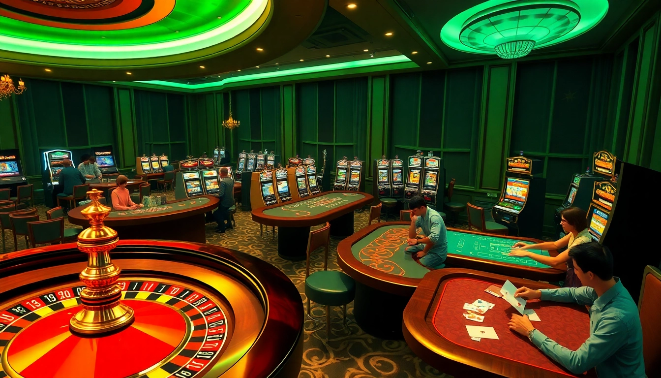 Experience the excitement of Situs Slot Terpercaya with players at a vibrant casino, showcasing thrilling games and luxury.