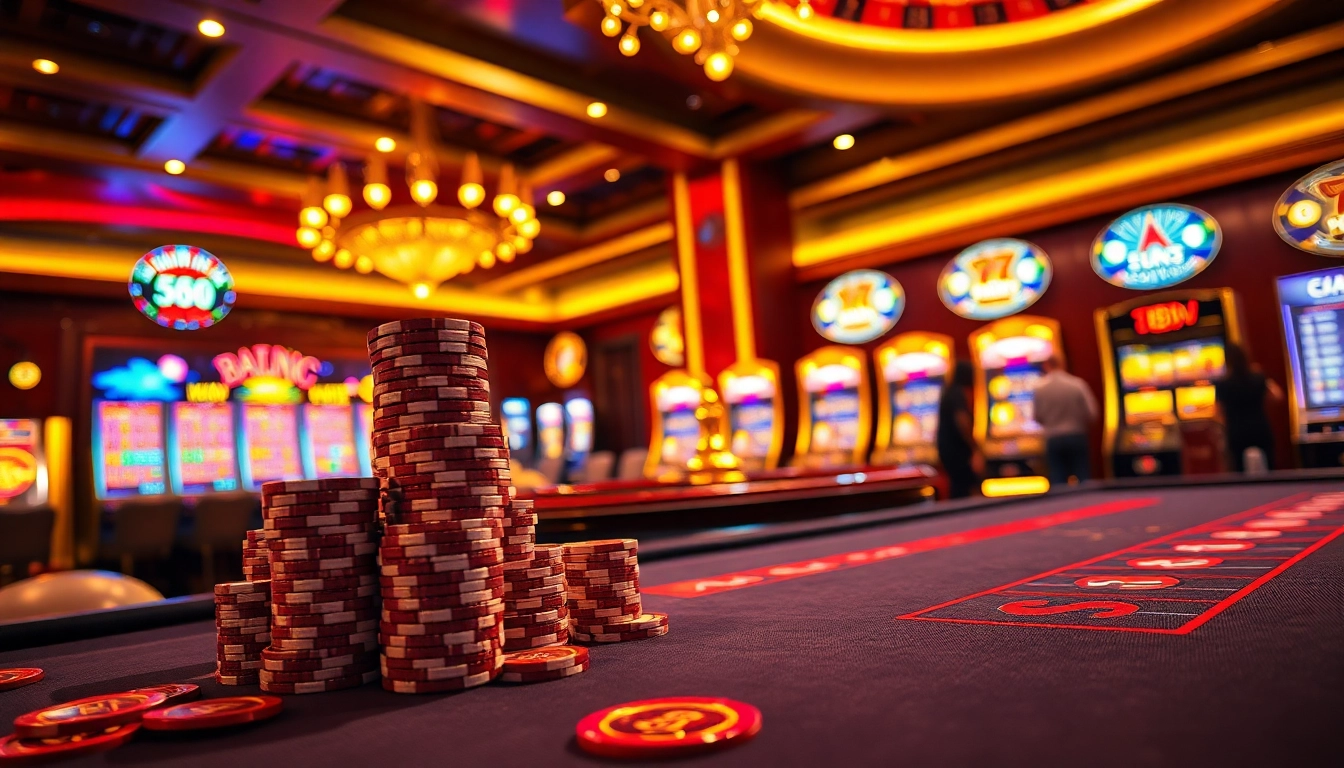 Experience the thrilling action at fb88 with vibrant casino tables and players engaged in games.