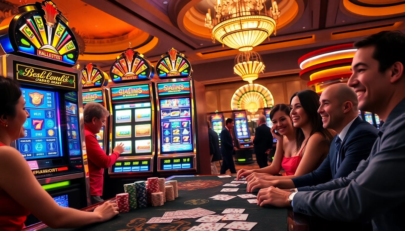 Slot machine showcasing vibrant graphics and excited players in a dynamic casino atmosphere.