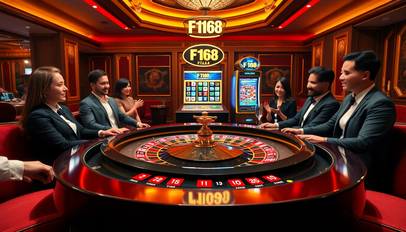 Players enjoy a thrilling game of roulette at the F168 casino, with vibrant chips and an engaging atmosphere.