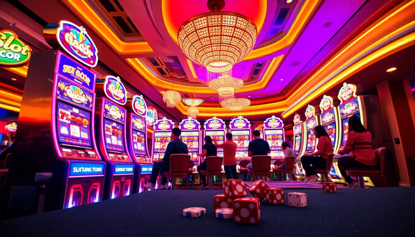 Experience Slot Gacor excitement with players winning at vibrant slot machines in a luxurious casino setting.