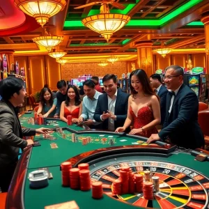 Players engaging in vibrant gambling activities at king88, featuring slot machines, poker tables, and roulette.