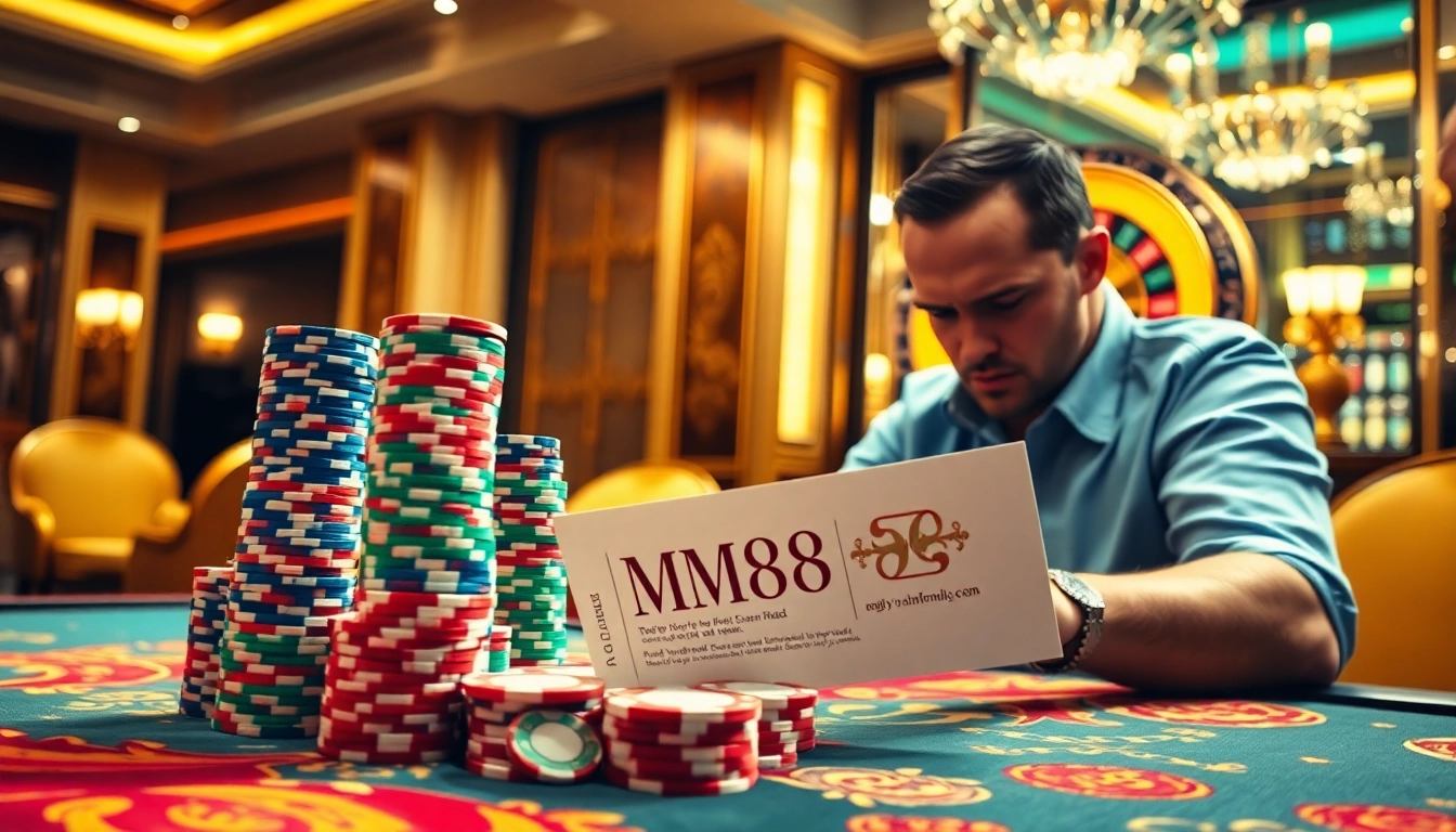 M88 players engaging in intense betting at a luxurious casino table.
