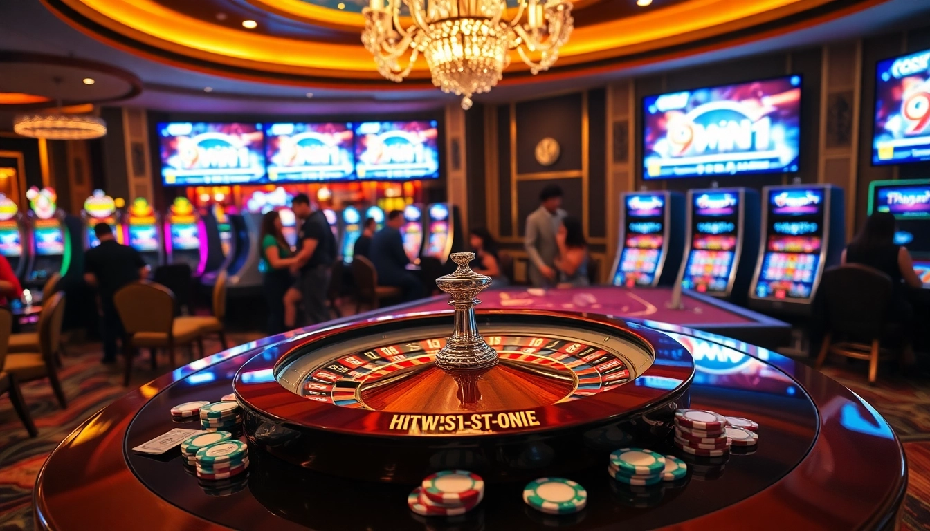 Experience thrilling casino gameplay at https://9win1.online/ with vibrant roulette tables and excited gamblers.