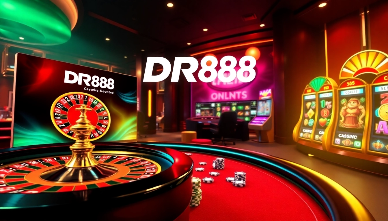 Experience thrilling online gaming at DR88 with poker chips and a roulette wheel.