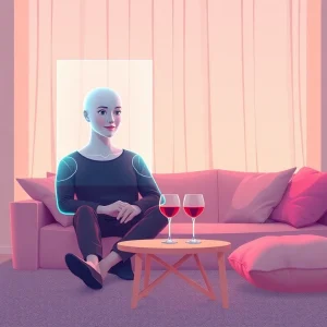 Engaging in ai sex chat free with a friendly holographic character in a cozy room.