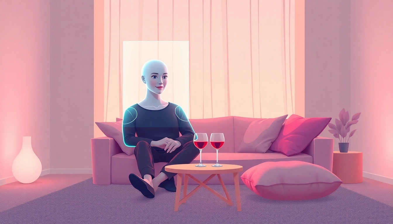 Engaging in ai sex chat free with a friendly holographic character in a cozy room.