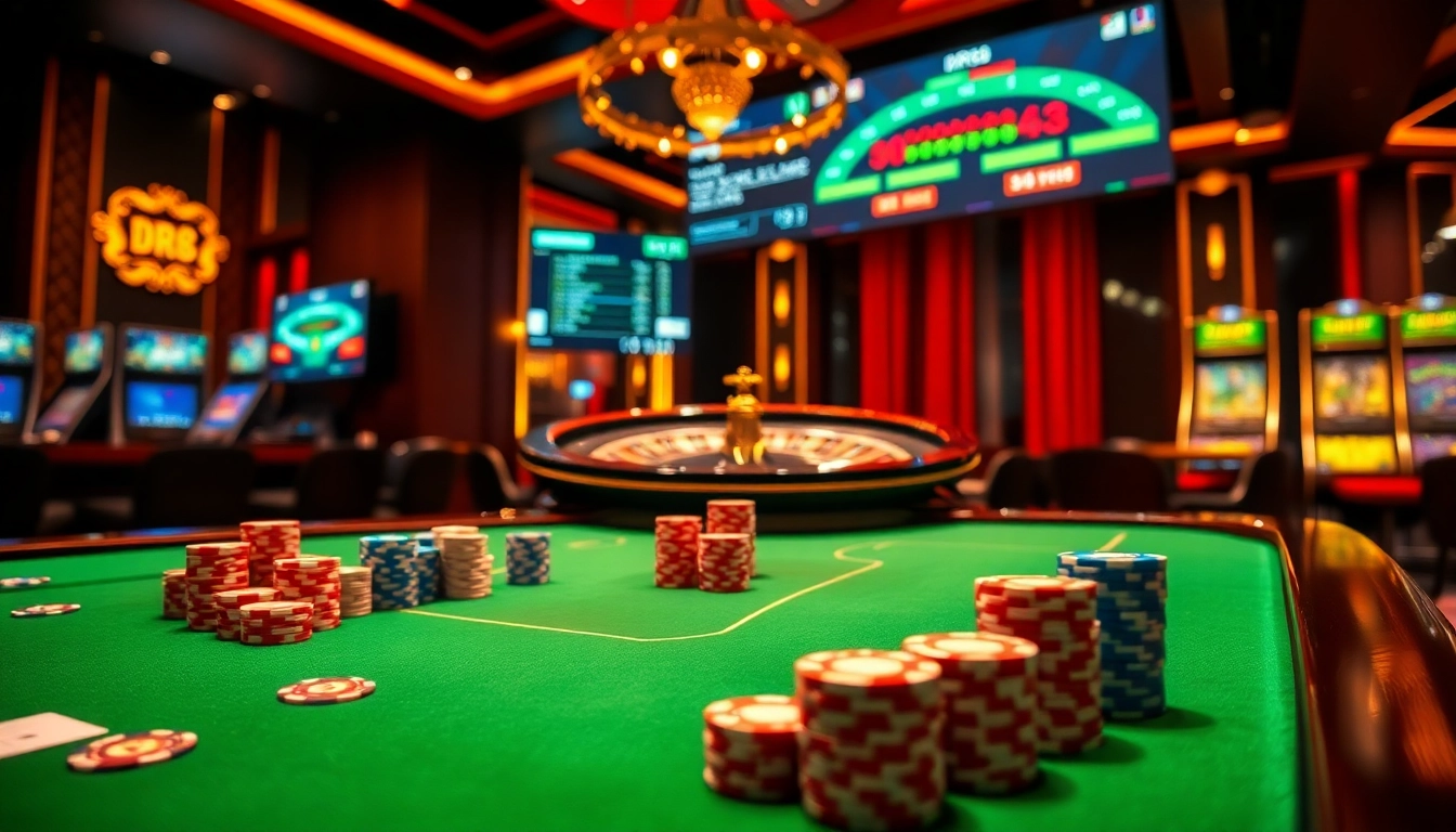 Experience high-stakes betting at DR88's luxurious casino tables with vibrant chips and roulette.