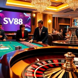 Engaging in thrilling poker action at https://sv88sr.com/ casino, showcasing luxury and excitement.