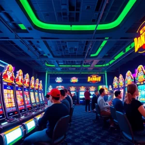 Experience excitement with hoki138 pro in a vibrant online gaming atmosphere featuring slot machines and animated graphics.