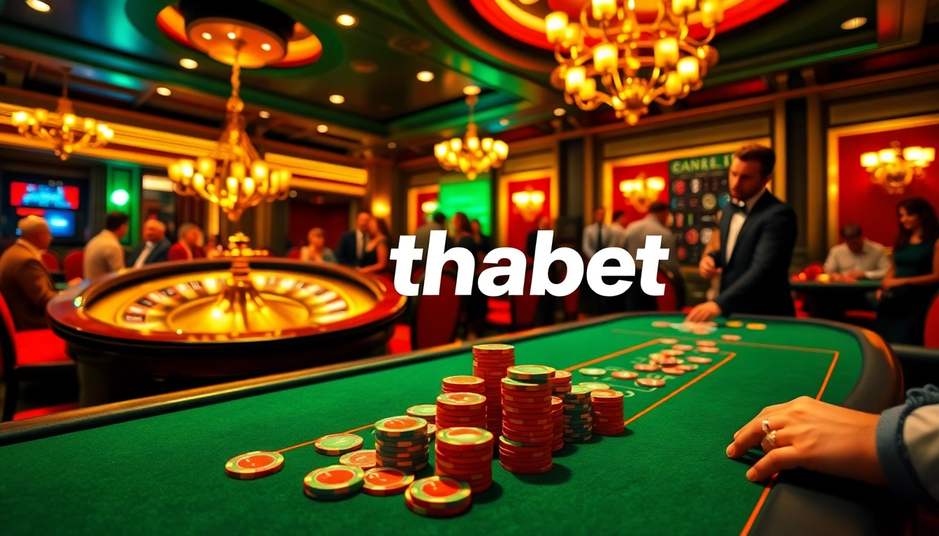 Excited gamblers placing bets at a luxurious poker table with the thabet link interface visible.