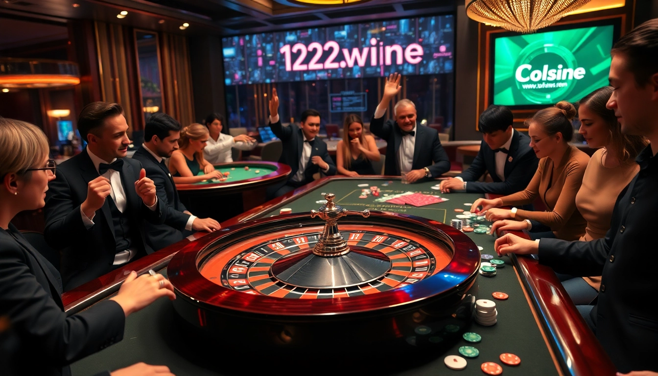 A casino table with players enjoying their game at https://123win.free/, featuring poker cards and vibrant chips.