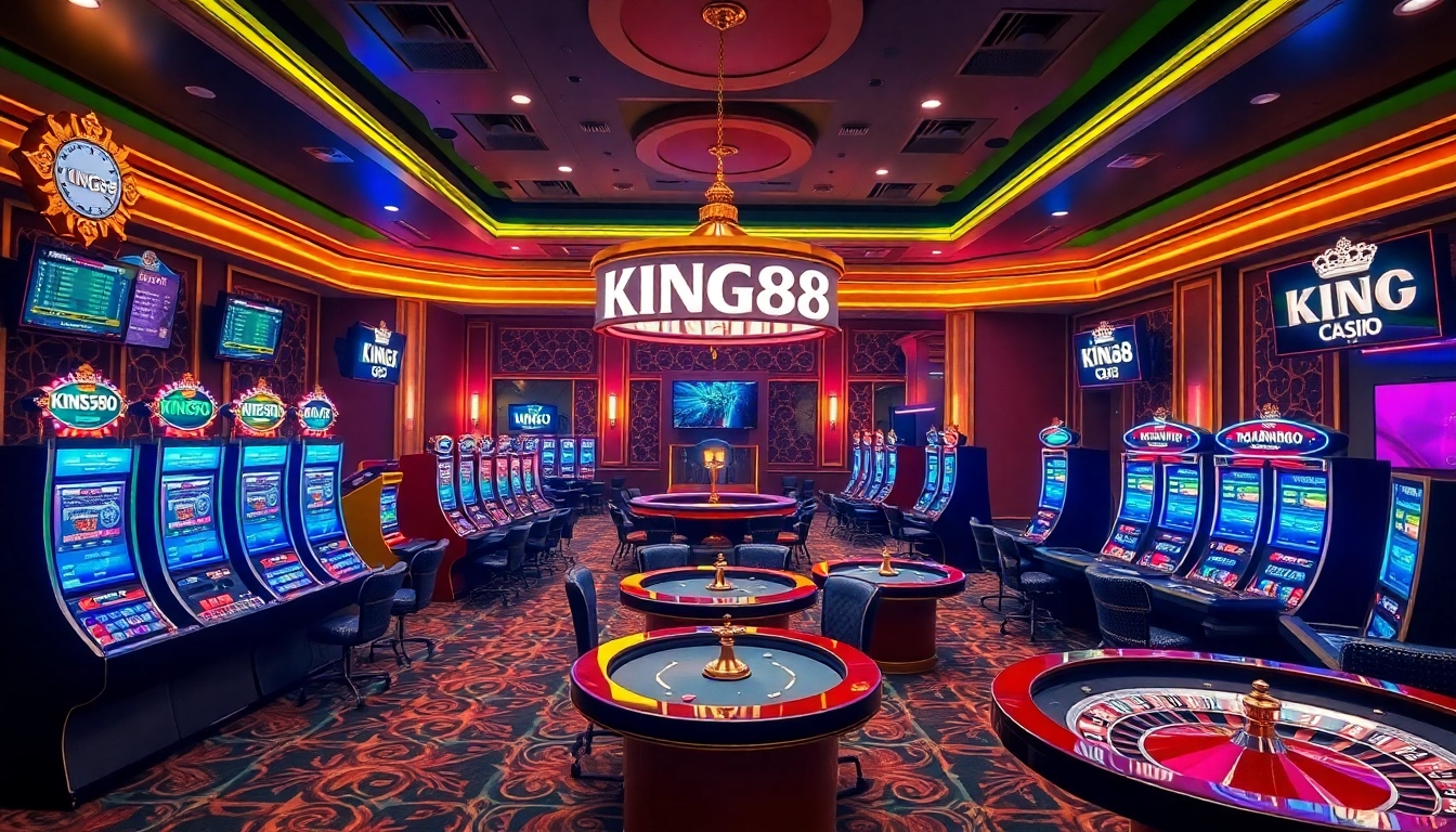 KING88 casino players enjoying vibrant slot machines in an elegantly lit gaming room.