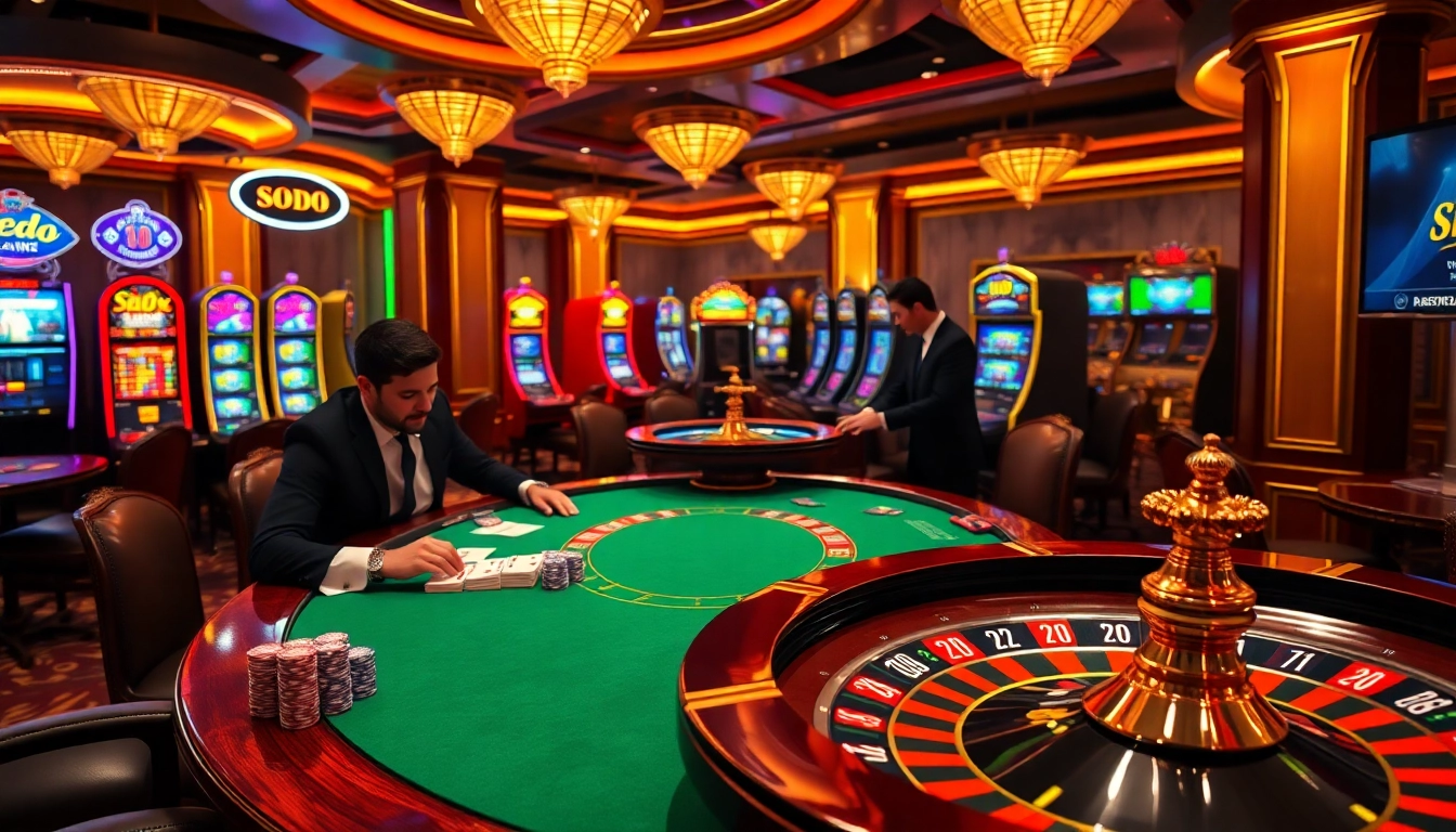 SODO casino gaming scene with vibrant tables, poker chips, and excited players.