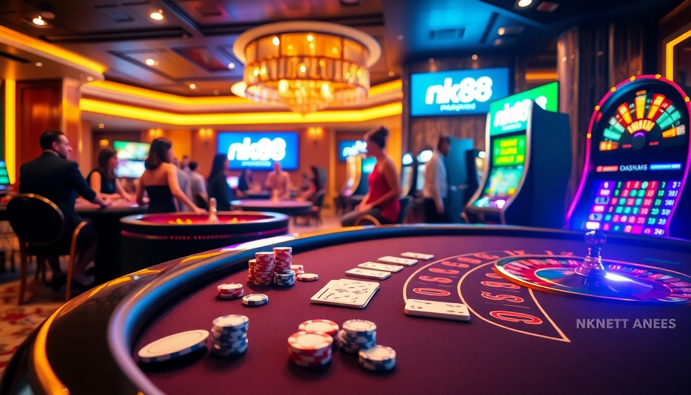 An exciting casino atmosphere featuring nk88 with players enjoying blackjack, a roulette wheel, and vibrant slot machines.