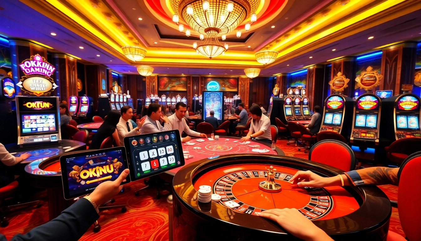 Engaging scene of OKFUN đăng ký with players at casino tables and digital gambling interfaces.