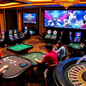 KUBET77 gaming scene with players betting at poker and blackjack tables in a luxurious casino.
