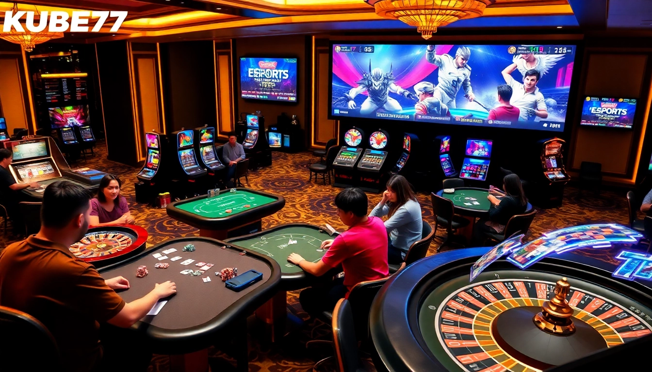 KUBET77 gaming scene with players betting at poker and blackjack tables in a luxurious casino.