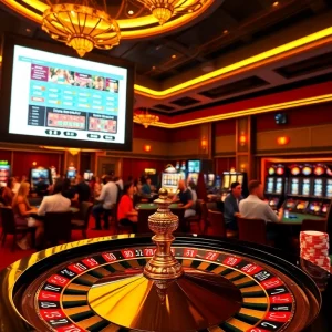 Homepage showcasing vibrant casino elements with players and gaming tables.