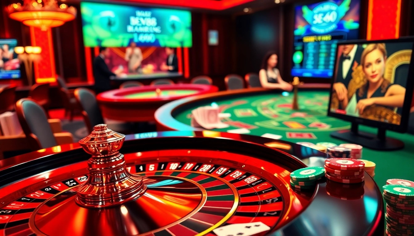 Experience the excitement of bem88 with a luxurious casino scene featuring roulette and poker games.