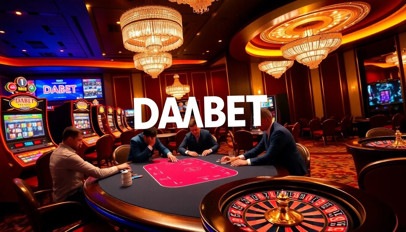 DABET poker players competing at an elegant casino table with illuminated slot machines.