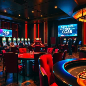 Experience thrilling poker action in the luxurious gg88 live casino room with vibrant lights and engaging gameplay.